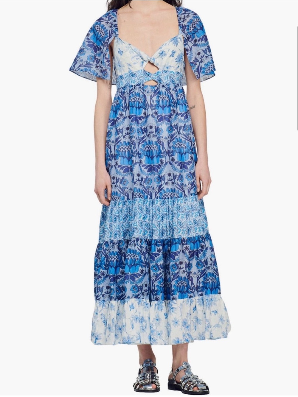 NWT Sandro Blue Tiered Linen Blend Maxi Dress EU 36 US 4 S